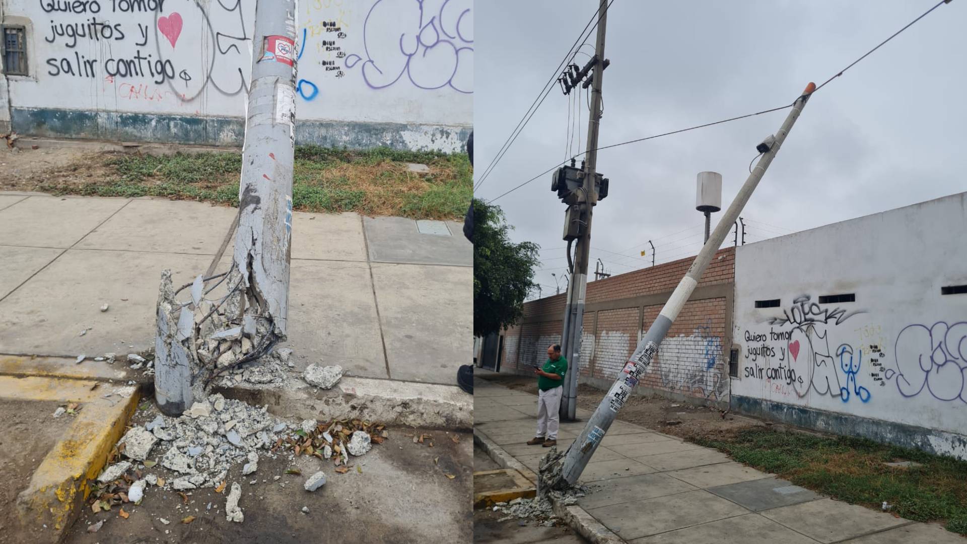 Chorrillos: vecinos reportan poste a punto de caerse sobre pared de compañía 