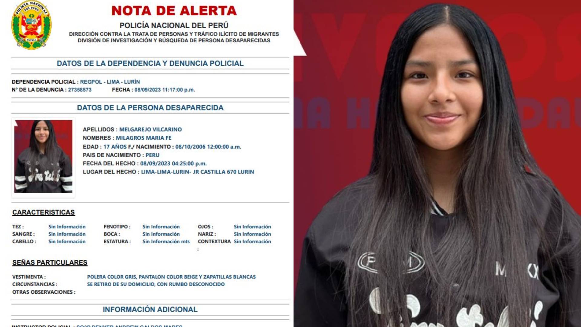 Lurín: joven de 16 años desapareció desde el 8 de setiembre