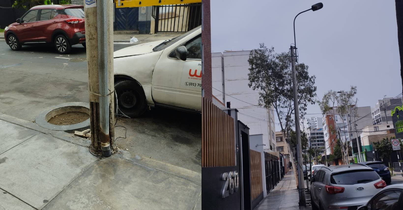 Poste en peligro de caer en la calle General Mendiburu