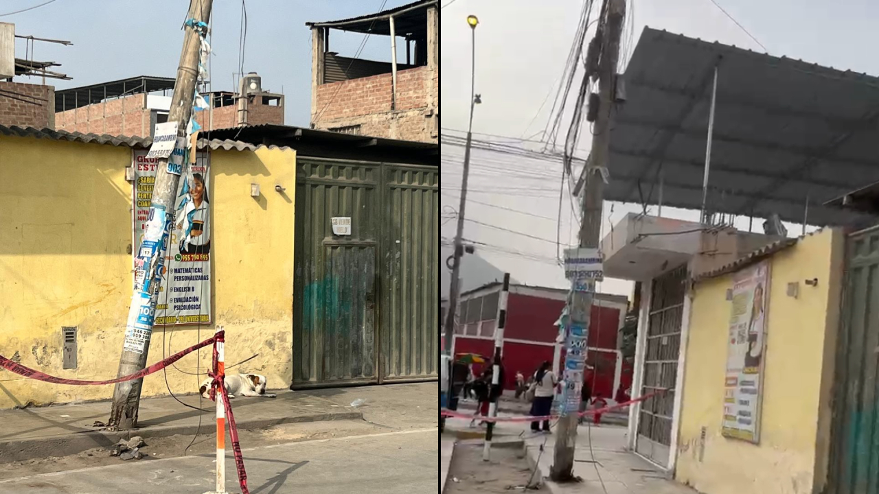 El poste se inclinó porque un camión jaló los cables de telefonía del lugar