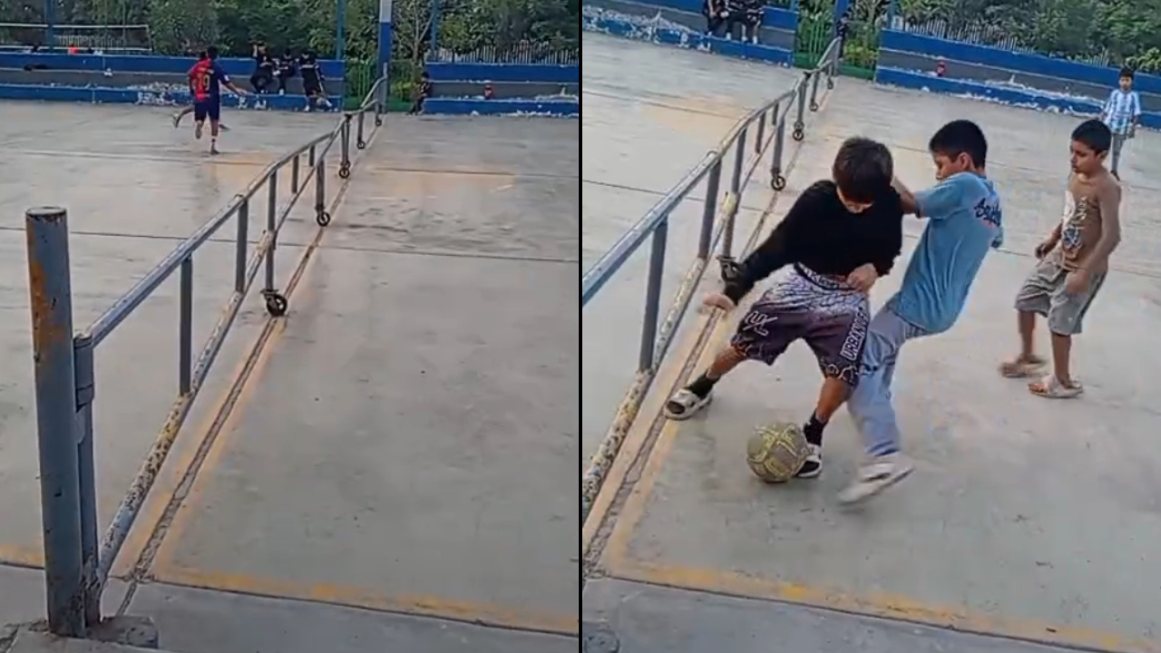 Los niños juegan fútbol a pesar de las tranqueras en la loza deportiva